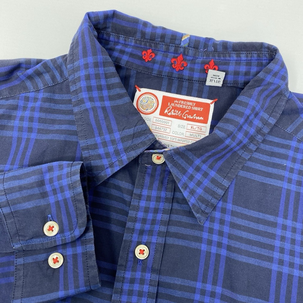 Robert Graham Button Down Shirt Mens XL Blue Plaid Freshly Laundered Cotton